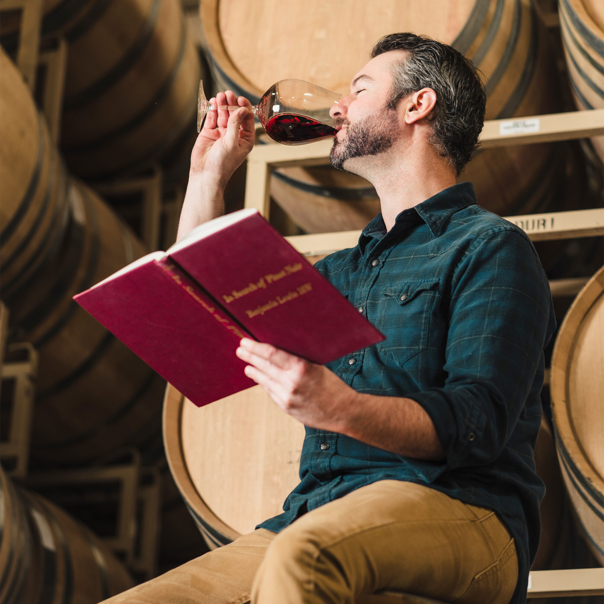 Four glasses of red wine on top of white paper, sitting on a clear glass table, with two bottles of red wine in front of a blue couch with a colorful red cushion.